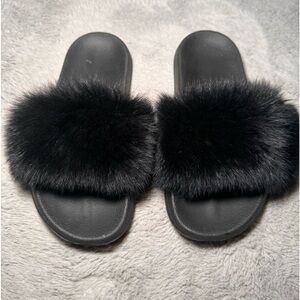 Black Fur Flip Flops